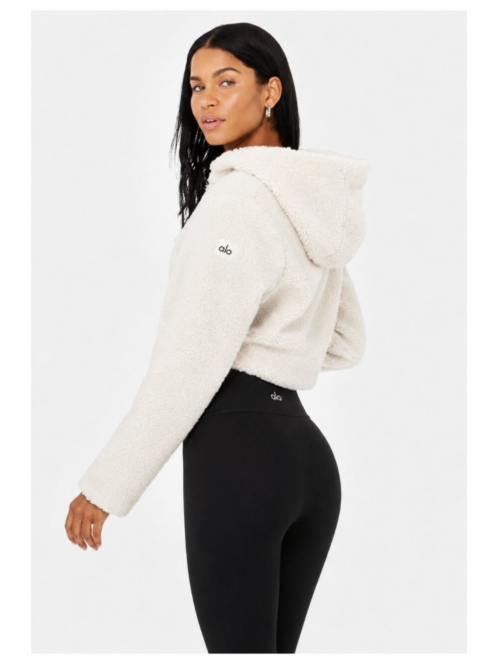 ALO YOGA LA Cropped White Sherpa Hooded Jacket